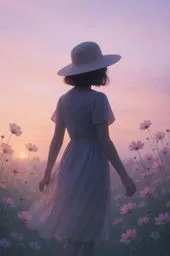 여성, 꽃, 분홍, 보라, 햇살, 해질녘, 코스모스, 반짝, 들판, 모자, 실루엣
