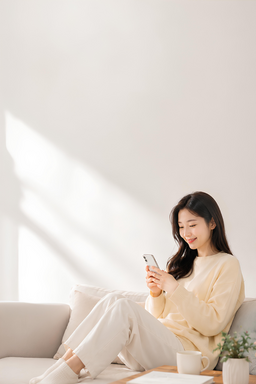 핸드폰을보는여자, 스마트폰, 소파에앉아, 폰을보는, 핸드폰, 휴식, 재미, 사람, 좌석, 성인, 여성, 여성, 머리, 얼굴, 웃다, 휴대폰
