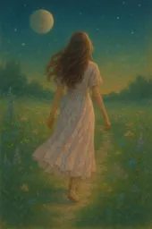 여성, 드레스, 자연, 여름, 원피스, 들꽃, 들판, 바람, 긴머리, 휘날리는, 부드러운, 만발, 꽃, 밤, 하늘, 달, 달빛, 일러스트, 그림