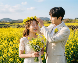 웨딩, 결혼, 웨딩사진, 결혼사진, 웨딩AI사진챌린지, 유채꽃, 생기발랄, 만세, 하트, 화환