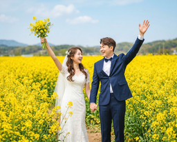 웨딩, 결혼, 웨딩사진, 결혼사진, 웨딩AI사진챌린지, 유채꽃, 생기발랄, 만세, 하트, 화환