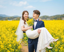 웨딩, 결혼, 웨딩사진, 결혼사진, 웨딩AI사진챌린지, 유채꽃, 생기발랄, 만세, 하트, 화환