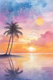 추상, 수채화, 열대, 섬, 일몰, 핑크, 오렌지, 보라색, 이국적인, 반사, 자연, 배경, 해변, 바다, 팜, 여름, 나무, 물, 태양, 모래, 하늘, 풍경, 벡터, 삽화, 여행, 휴가, 파도, 천국, 휴일, 연안, 손바닥