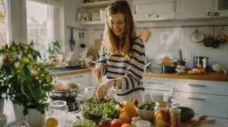 여성, 요리, 주방, 미소, 행복, 식재료, 건강, 채소, 다문화, 가정, 젊은, 즐거움, 아침, 자연광, 감성, 조리도구, 인테리어, 식사, 홈쿡, 라이프스타일, 레시피, 밝은, 따뜻한, 분위기, 감정