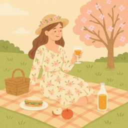 봄, 캐릭터, 나들이, 일러스트, 소풍, 꽃구경, 인물, 산책하는, 사람, 감성, 피크닉, 돗자리, 야외, 식사, 브런치, 봄소풍