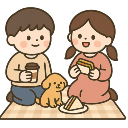 피크닉, 소풍, 강아지, 커플, 샌드위치, 커피, 돗자리
