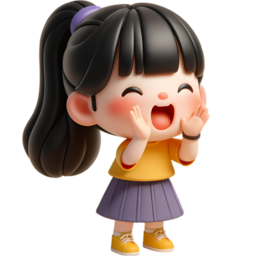 어린이, 아이, 여자아이, 말하는, 외치는, 야호, 크게말하는, 기뻐하는, 즐거운, 행복한, 응원하는, 발표하는, 입가에손을댄, 메아리, 3d, cartoon, anime, 귀여운, 사랑스러운, 포니테일, 유치원생, 학생, 할말이있는, 공지사항, 안내, 정보, 중요한, 기쁜소식