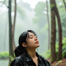 산림욕, 비, 산속, 여자, 젖음, 나무, 느낌, 산림, 산중