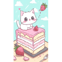고양이, 귀여운, 딸기케익크, 일러스트, 배경화면, 미니포스트, 엽서