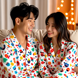 잠옷, 커플, 신혼, 부부, 신혼부부, 커플잠옷, 얼굴, 행복하다, 머리, 사람, 웃다, 성인, 여성, AI, AI사진