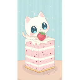 고양이, 귀여운, 딸기케익크, 일러스트, 배경화면, 미니포스트, 엽서