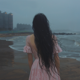 여성, 여자, 검은머리, 긴머리, 분홍색드레스, 바닷가, 비, 비오는바닷가, 감성적인, 슬픈, 외로운, 외로움, 쓸쓸함, 도시가보이는