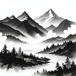 수묵화, 산수화, 산풍경, 먹, 한국, 자연, 절경, 풍경, 동양화, 담채화, 산, 나무