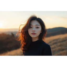 여성, 미인, 노을빛, 감성, 자연광, 머릿결, 청순함, 부드러운시선, 어두운의상, 잔잔함, 바람부는머리, 깊은눈빛, 사색, 풍경과인물, 고요함, 감정있는표정, 자연미, 저녁하늘, 평온한분위기, 감성적인, 노을배경, 자유로운느낌, 단정한의상, 생각중, 감성초상, 부드러운톤, 깊은표정, 정적인이미지, 자연스러움, 소녀감성
