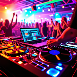 dj, 믹싱, 디제잉, 장비, 클럽, 장소, 파티, 축제, 행사, 사람, 노래, 음악, 소리, ai
