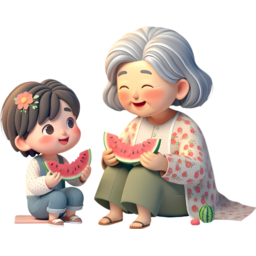 가족, 할머니, 손녀, 손주, 할머니와손녀, 여름, 수박, 여름과일, 함께, 수박을먹는, 애틋한, 사랑스러운, 귀여운, 조모, 여름방학, cartoon, anime, 3d, 캐릭터, 입체, 사람, 앉아있는, 수박을들고