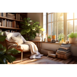 cozy, nook, reading, armchair, books, plants, blanket, soft, lighting, tranquility, comfort, natural, light, 아늑한구석, 독서, 안락의자, 책, 식물, 담요, 부드러운조명, 평온함, 편안함, 자연광