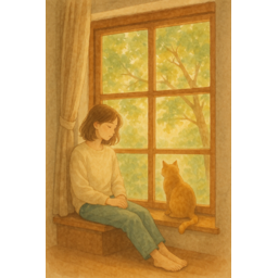 미술, 그림, 사람, 창문, 동물, 고양이, 포유류, 애완동물, 얼굴, 머리, 감성일러스트, 힐링그림, 혼자만의시간, 따뜻한분위기, 잔잔한감성, 창가풍경, 자연광, 고요한오후