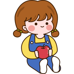 어린이, 여자아이, 캐릭터, 앉아있는, 사과, 과일, 