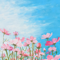 코스모스, 코스모스밭, 배경, 예쁜배경, 꽃밭, 꽃밭배경, 손그림, 오일파스텔, 크레파스, 가을, 하늘, 하늘배경