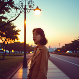 공원, 해질녘, 노을, 길거리, 거리, 기다림, 여자, 여성, 한국, 가로등, 나무