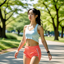 운동, 조깅, 공원, 탱크탑, 핫팬츠, 여자, 한국