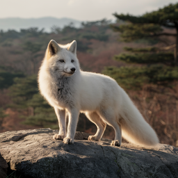 흰여우, 산, 바위, 햇살, 낮, 따듯함, 포근함, 귀여움, 매력적인