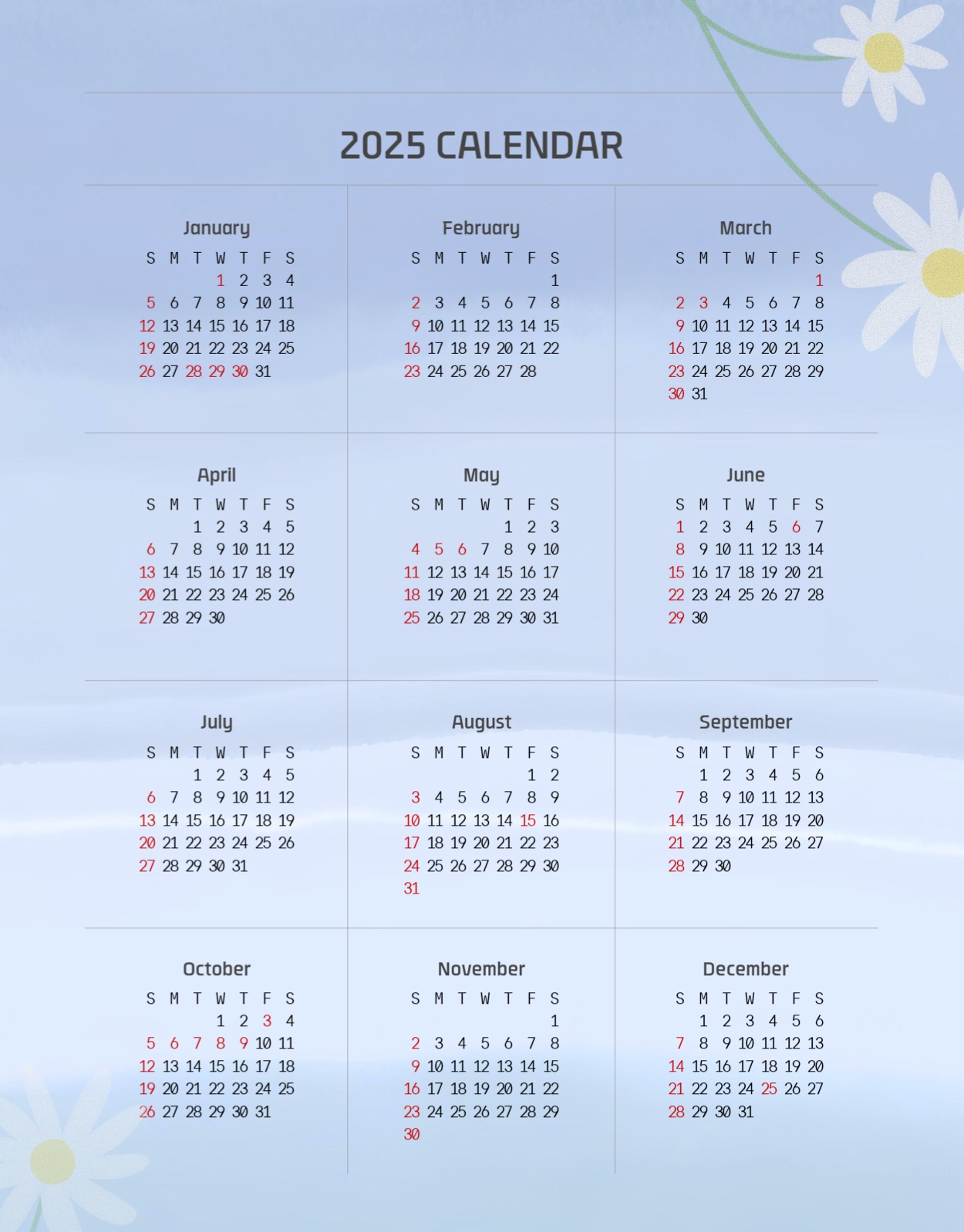 파란색 그라데이션 심플한 2025년력