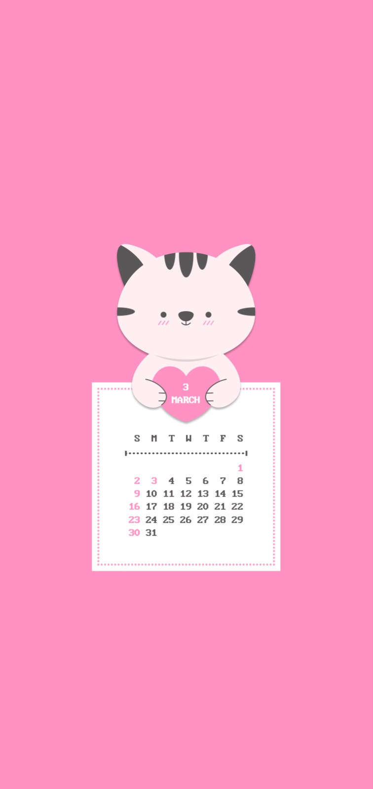 고양이 하트 3월 달력 핑크 배경화면